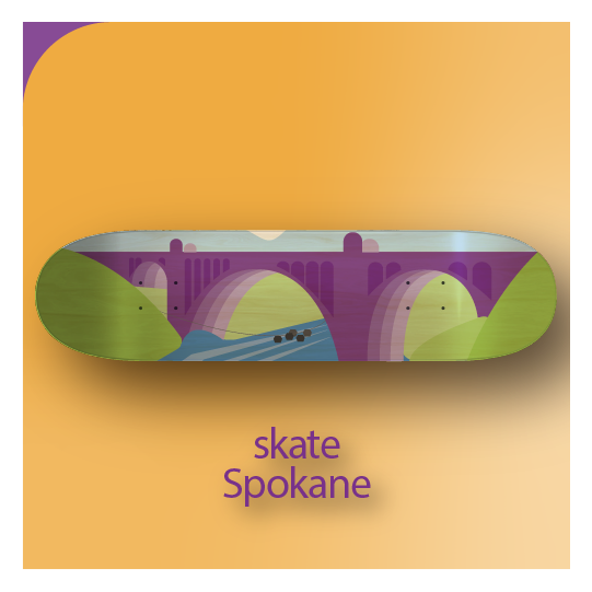 A skateboard design by Gordon Smith with imagery of the Monroe Street Bridge