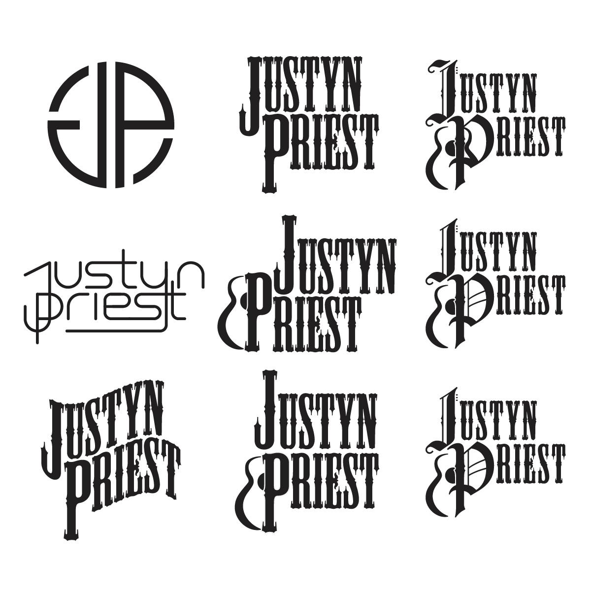 Multiple early Justyn Priest logo designs by Gordon Smith